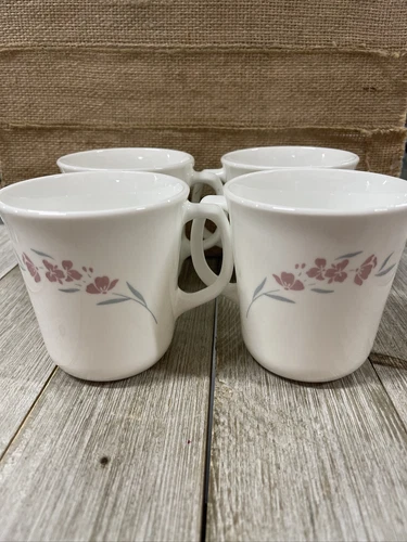 Corelle Silk Blossom Mugs Pink/Gray Flowers Set Of 4 