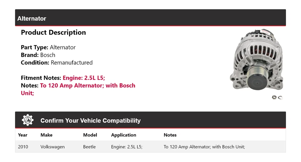 Alternador Bosch Volkswagen Beetle 2010 2,5 L L5 (remanufacturado) Foto 2 de 4