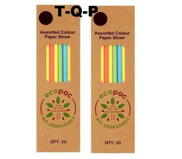 2 x Ecopac Bio-Degradable 20 Assorted Colour Paper Straws (6mm x 210mm)