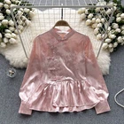 Womens Long Puff Sleeves Shirt Floral Qipao Collar Chinese Style Jacquard Tops