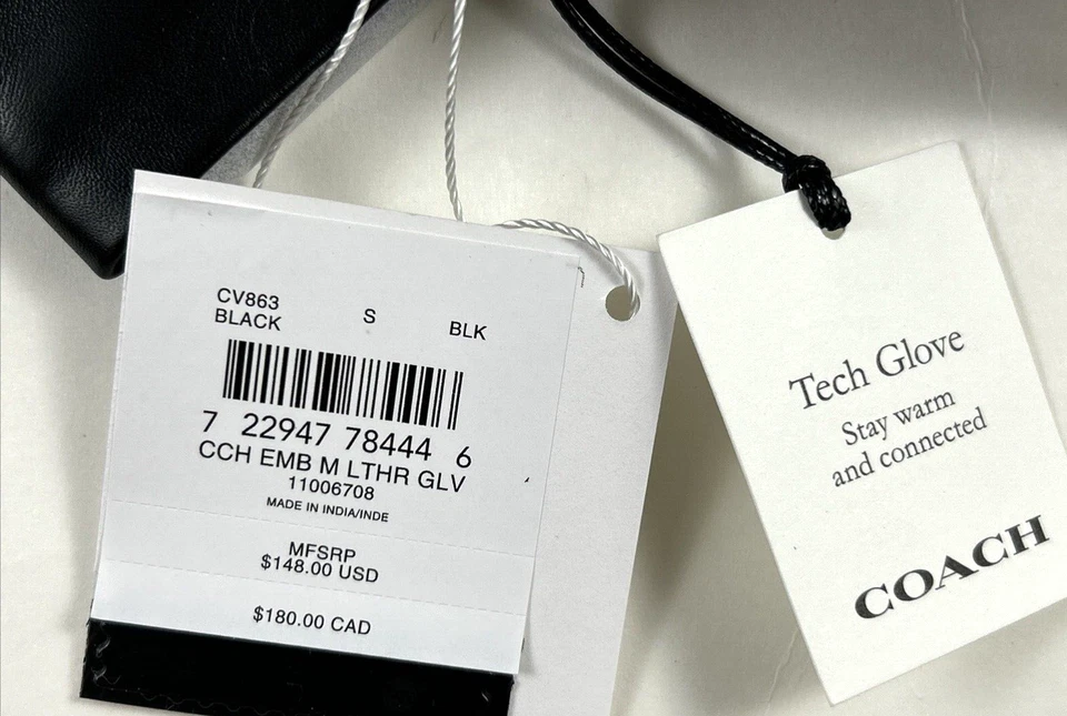 NOVO COACH Tamanho S Luvas Masculinas Pretas Em Relevo 100% Couro Forrado em Lã TECH $148 - Imagem 3 de 4