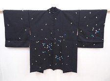 6016T07z520 Vintage Japanese Kimono Silk HAORI Black