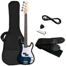 Electric Bass Guitar Full Size 4 String w/ Bag Strap Guitar Pick Amp Cord Blue