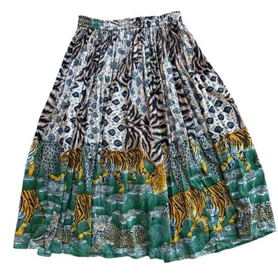 La Cera Jungle Safari Tiger Leopard Print Cotton Midi Skirt Green Tan Medium