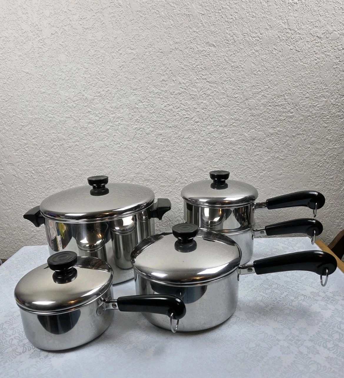 Revere Ware 1801 Stainless Steel/Copper Bottom 9 Pc Set Saucepans Stockpot Lids