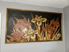 Letterman Oil Canvas Impasto Painting 1970’s 58" x 31”Large Iris MidCentury MCM