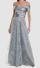 Rene Ruiz Women's Gray Off-the-Shoulder Embroidered Lace Gown Dress Size 12