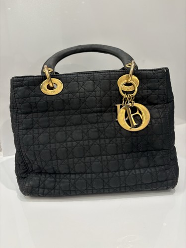 Dior Lady Dior Medium Black Cannage Quilted Top Handle Satchel Gold Charm