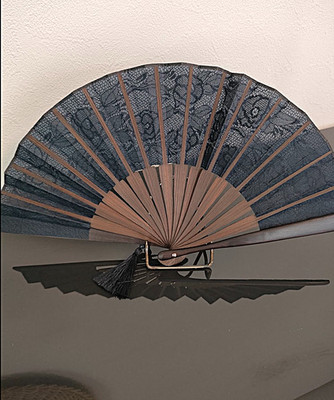 Japanese Sensu Folding Fan & Case Navy lase Fabric Die-Cut Bamboo