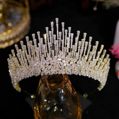 Luxury Gold Cubic Zirconia Big Crown Queen Headdress Diadem Prom Quinceanera