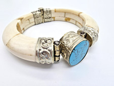 Braccialetto Indiano Orientale Etnico Osso e Turchese Tono Argento Metalwork