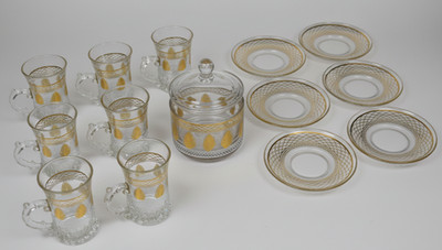 Türkisches Glas Teeservice 6 Tassen mit Untertasse und Zuckerdose Gold Design Geschenk