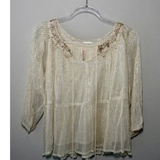 Anthropologie Raga XS Cream Gold Metallic Striped Embroidered Peasant Blouse
