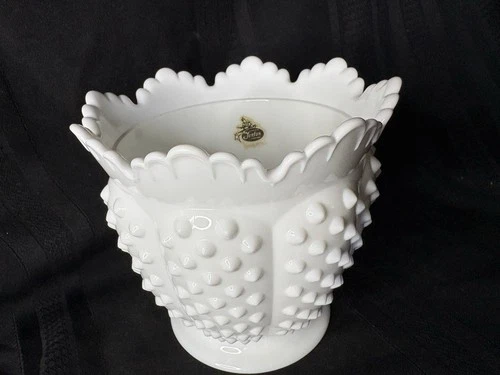 Vintage Fenton White Milk Glass Hobnail Jardiniere Planter Vase 6" Tall