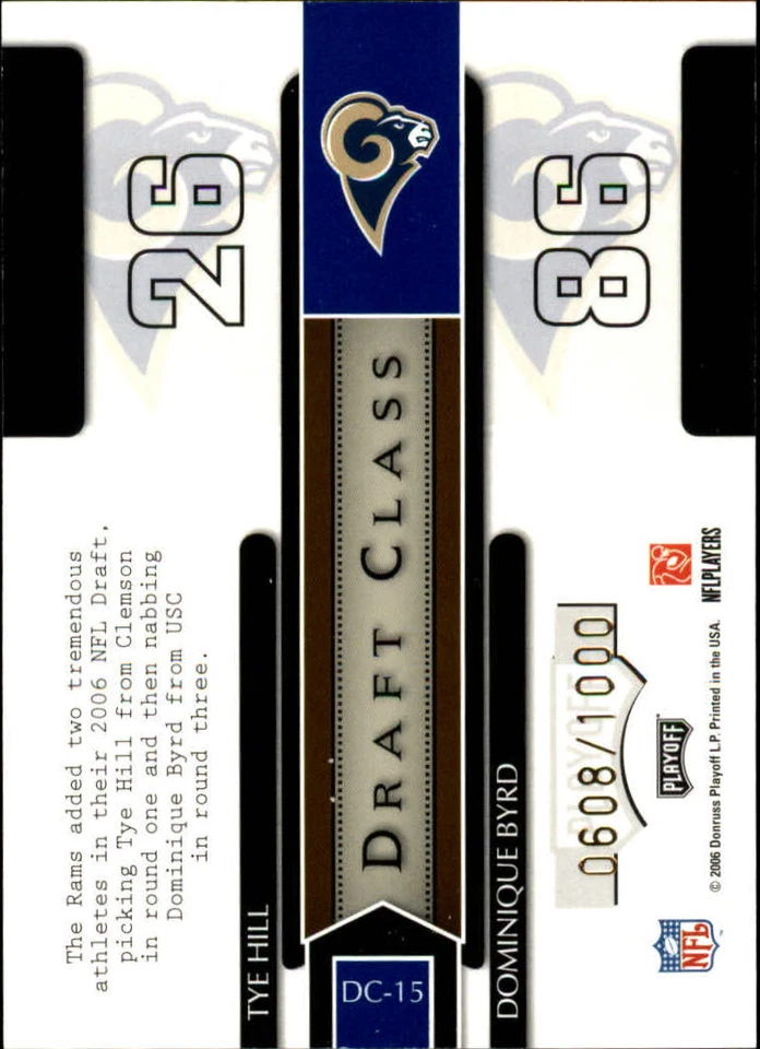 2006 Playoff Contenders Draft Class #15 Tye Hill/Dominique Byrd/1000  - Image 2 of 2