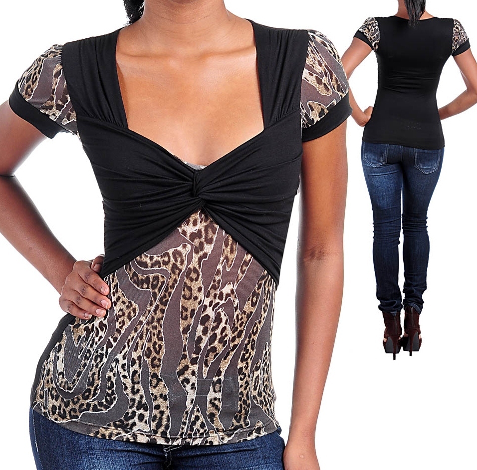Black Leopard Contrast Knotted Overlay Bust Cap Sleeve | eBay