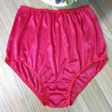 Vintage Slippery Nylon Panty Double Gusset Sissy Red Granny Sheer Brief Sz. 9-10