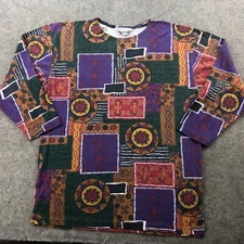 Vintage Carolina Colours Top Womens Large Blue Geometric Crew Neck Long Sleeve