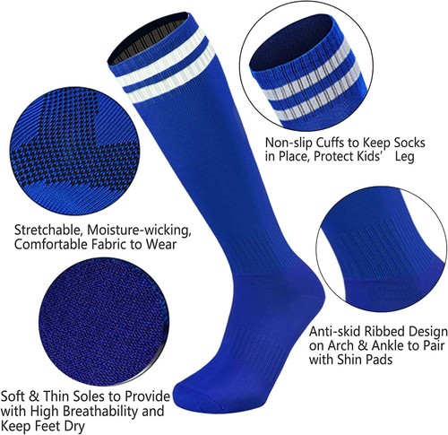 6Pairs Kids Youth Soccer Socks Solid Striped Knee High Tube Football Sport Socks - Picture 18 of 46