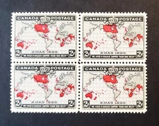 Stamps Canada Mint: #85 2c black, lavender & carmine Map blk. of 4 VF MNH