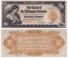 1920 Bank of the Philippine Islands BPI 20 Pesos Banknote Pick-15