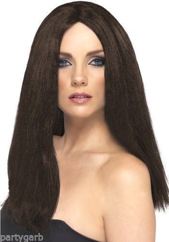 Brown Parted Star Style Wig Hippie 60s Unisex Mary 70s Rocker Wench Witch Wizard - Picture 8 of 8