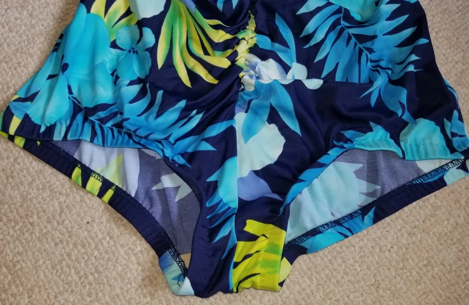 Traje de baño para mujer-MAXINE-azul/verde floral 'pierna de niña delantera fruncida' una pieza-14 Foto 2 de 4