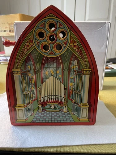 Vintage early 1950's J. Chein Tin Litho Church Organ Melody Toy Crank Wind Up