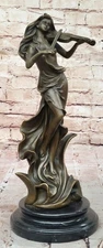 Signed Classic Artwork Female Violin Player Art Deco Bronze Sculpture Statue