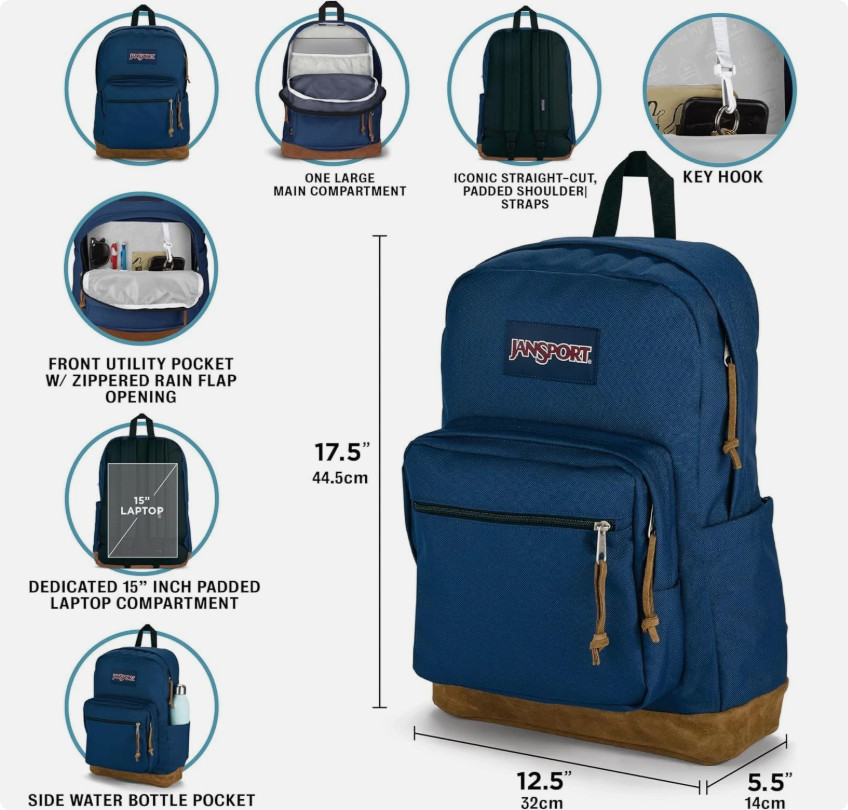 JanSport Backpack Navy Blue -15'' Laptop Sleeve