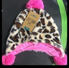 Northeast Outfitters Youth Beanie with Faux Fur Pom Brown/Pink Animal Print