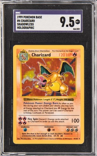 1999 POKEMON BASE SHADOWLESS HOLO #4 CHARIZARD SGC 9.5