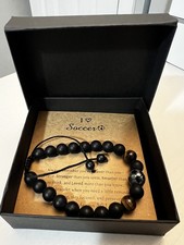 Perfect Gift Soccer Player Black Beaded Bracelet w Soccer Ball Charm Gift Box