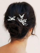 Butterflies Bride Wedding Hair Pins Silver Pearl Bridal Hair Pieces Crystal Hair