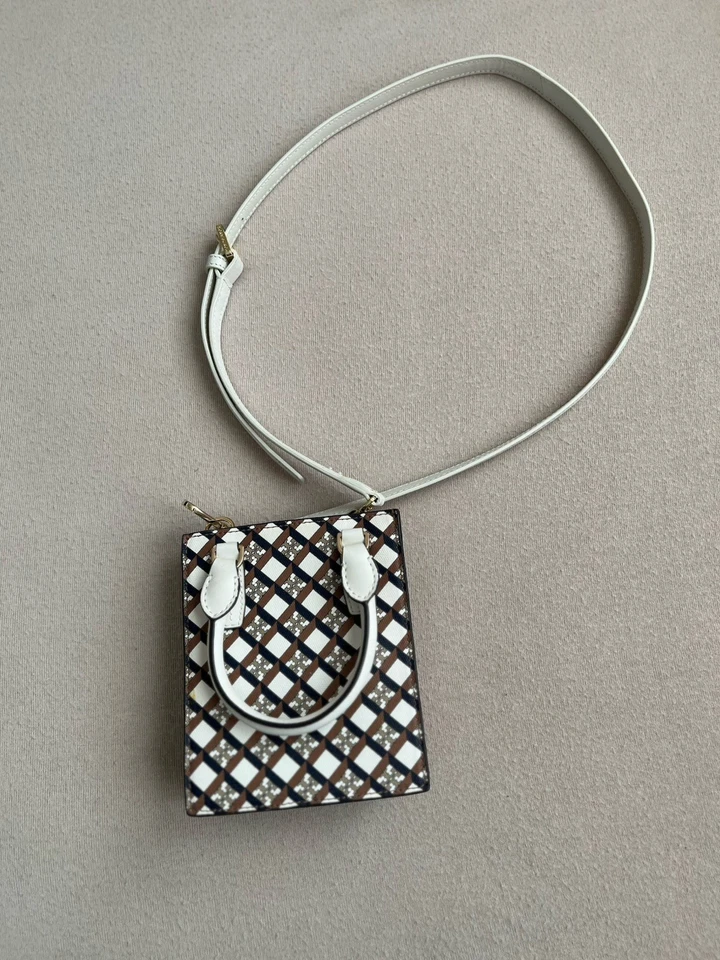 Bandolera Tory Burch Blake Mini Shopper Blanco Marrón Cuero Logo Geométrico 2 Vías Foto 2 de 4