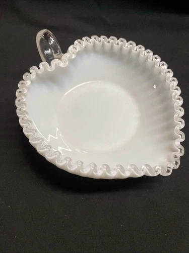 Vintage FENTON Heart Ruffle Silver Crest Milk Glass Candy Dish Bowl with Handle