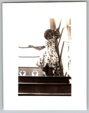 Vtg B&W Snapshot Woman Floral Dress Hat Posing On Stairs Railing 1940s