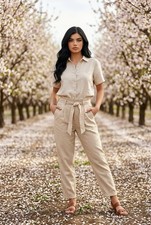 Lauren Ralph Lauren Tan Pleated Belted Wide-Leg Chino Trousers