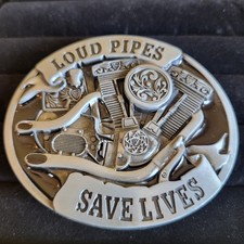 Loud Pipes Save Lives Belt Buckle Metal  Black Enamel Biker Motorcycle Engine