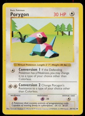 Porygon 39/102 Uncommon Base Set Shadowless Pokemon Unlimited Heavily Played