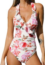 Cupshe Women's OnePiece Swimsuit Soft Bloom Tummy Control Halterneck Size XL NWT