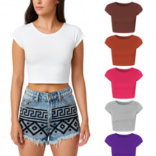 Ladies Round Neck Stretch Plain Blouse Crop Top Womens Short Sleeve T-Shirt Vest