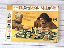 Vtg Playskool Village Wooden Blocks W/ Linen Play Mat 119 Block Pcs Excellent!!