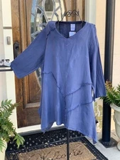 HLT721 1X Midnight NWT Match Point Linen Shirt Tunic Pull Over Raw Edge NEW Blue