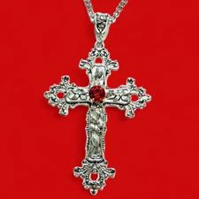 SILVER TONE GOTHIC CROSS red glass rhinestone large crucifix necklace pendant V4