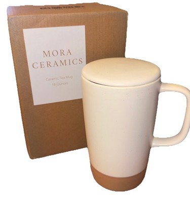 Mora Ceramics Hit Pause 18 oz Tea Mug W/ Lid Cotton White Modern NIB No Defuser