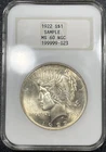 1922 Peace Silver Dollar $1 NGC MS60 Sample Fatty Holder