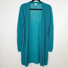 J. Jill Cardigan Womens Small Linen Blend Open Knit Duster Tunic Teal Blue Green