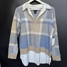 Adrienne Vittadini NWT Autumnal Plaid Sweater Faux Blouse Double Layer Blue XL