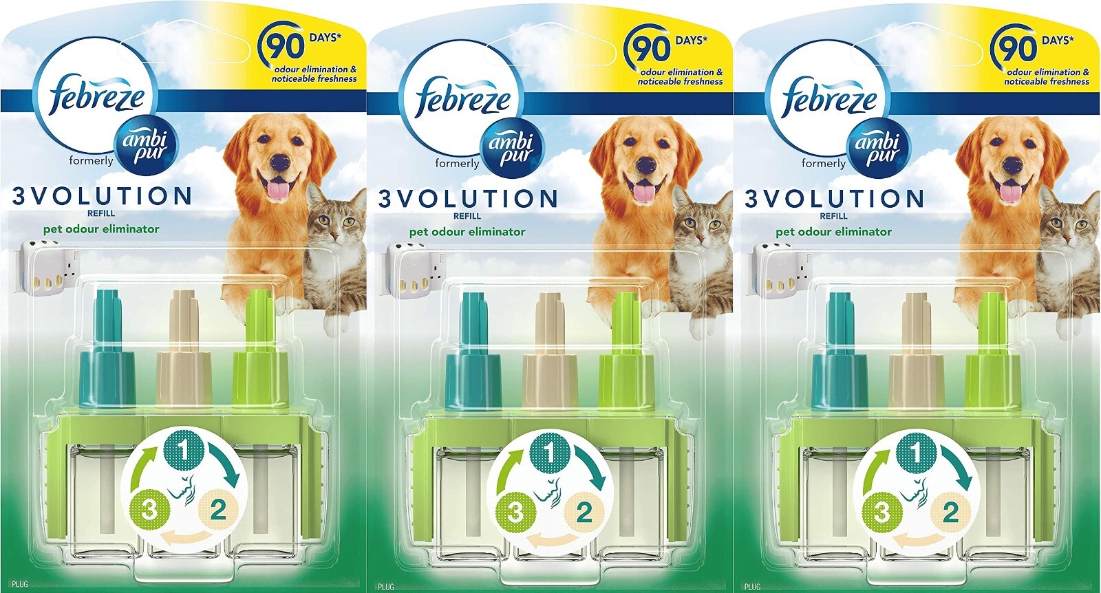 3 x Ambi Pur Febreze 3Volution Air Freshener Plug-In Refill, Fights Pets Odour
